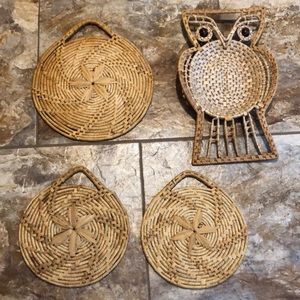 Wicker Lot Owl Bowl and 3 Round Trivet Wall Hangings